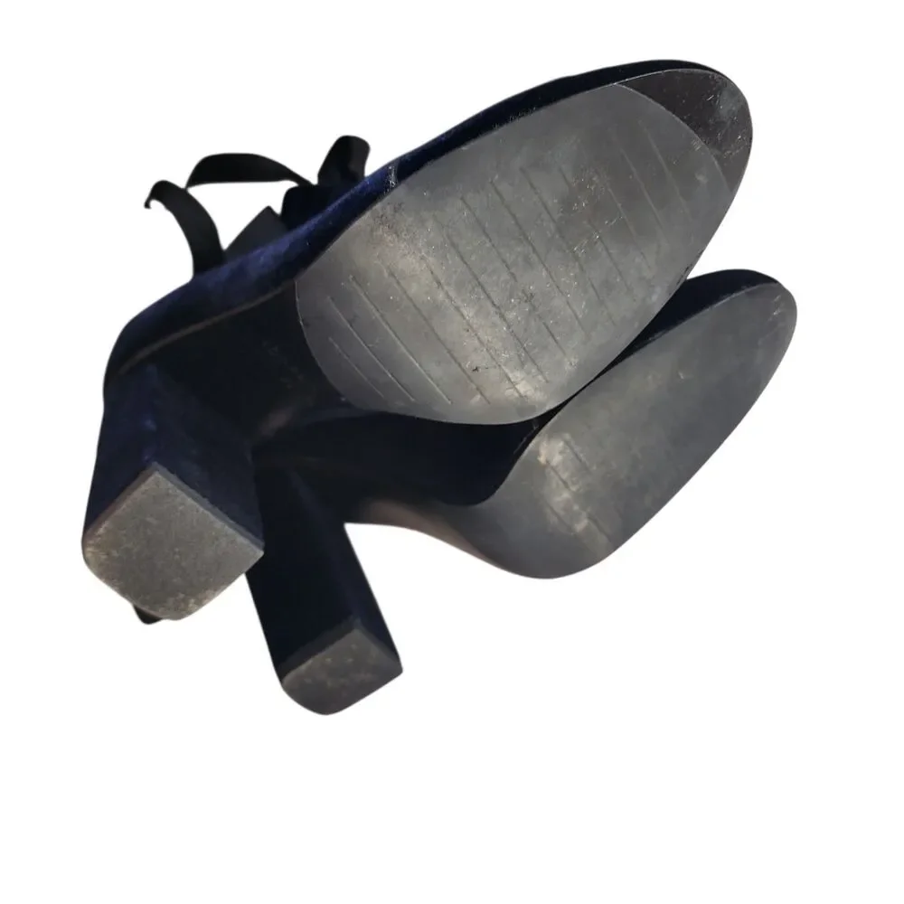 Zara‎ Blue Velvet Ankle Boots Ribbon Tie Block Heel Zip Womens 37 6.5
